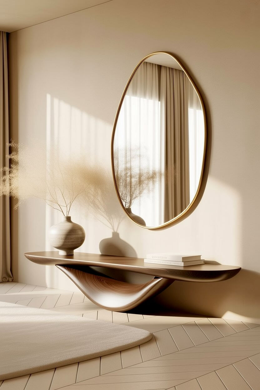 Sculptural dark wood floating console table paired with a brass-framed asymmetrical mirror and a dry foliage vase for luxury minimalist lounge updates.
