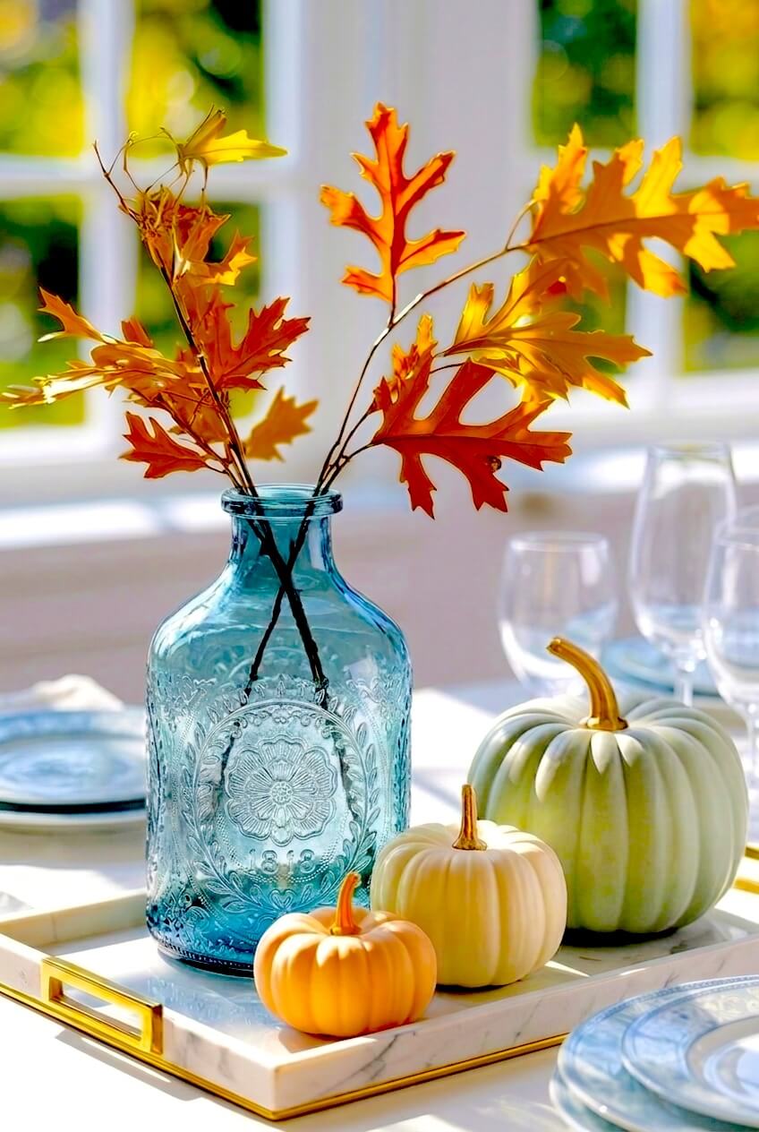 Rectangular marble tray holding a vintage blue glass bottle with vibrant orange oak leaf stems next to pale green and orange pumpkins for bright fall tables.