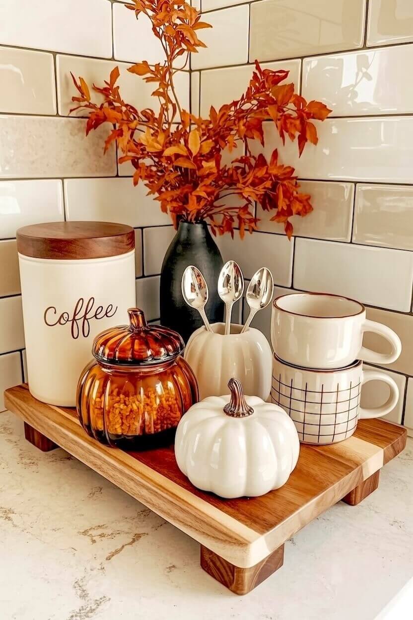 An amber glass pumpkin jar sits next to a white ceramic canister and stacked grid mugs on a wooden tray, completing fall harvest coffee corner setups.