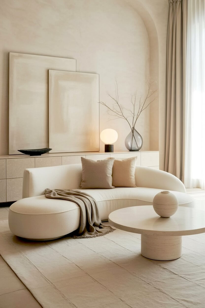 Large textured blank canvases leaning against a beige wall behind a curved bouclé couch and a round marble table for premium minimalist living room styling.