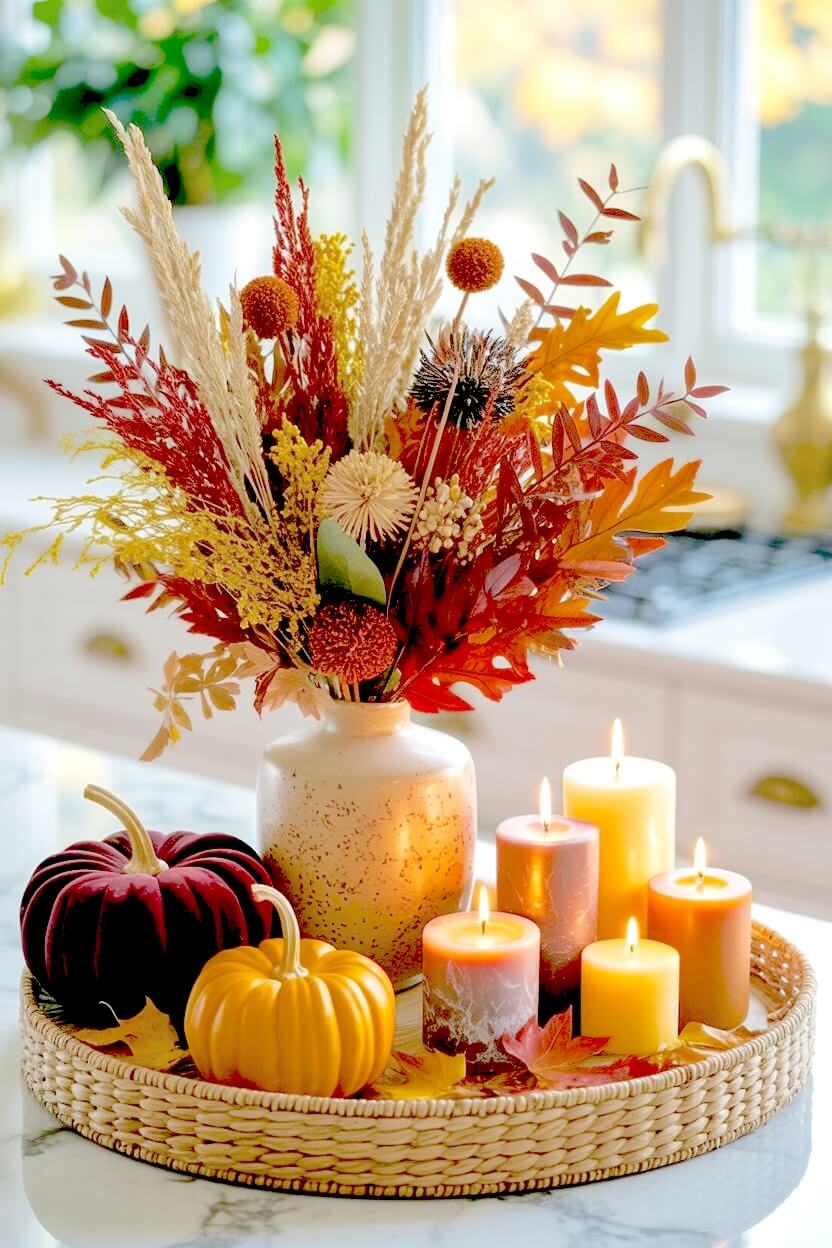 Woven rattan tray grouping four pillar candles in warm mustard tones with a burgundy velvet pumpkin and a speckled vase of dried grass for autumn table styling.