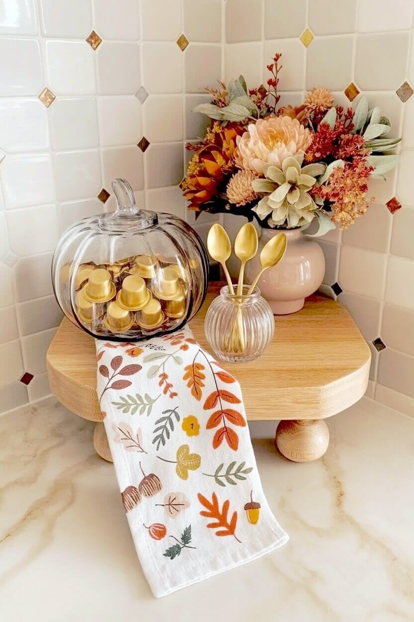 A clear glass pumpkin filled with gold coffee pods rests on an autumn leaf patterned towel and light wooden stand for fall themed coffee bar inspiration.