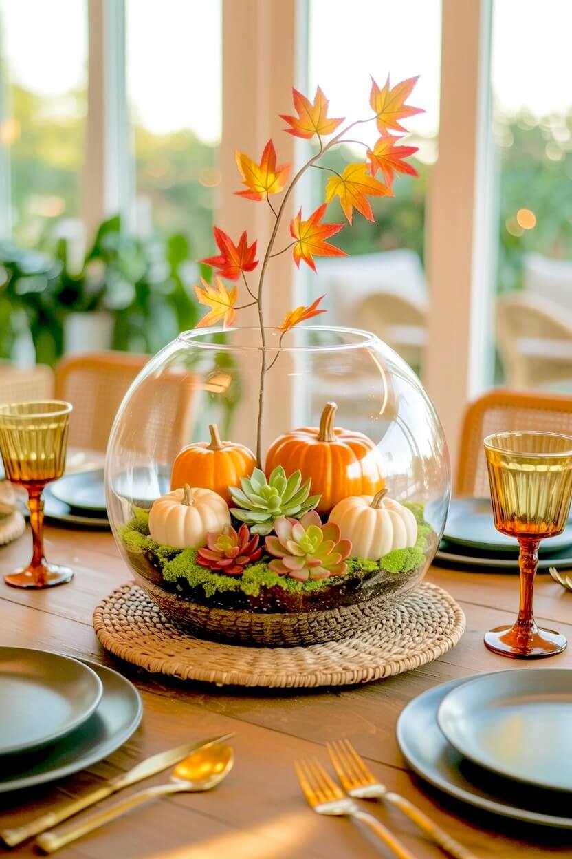 Large clear glass terrarium bowl layered with green moss colorful succulents and mini orange pumpkins accented by a tall maple leaf branch for seasonal tables.