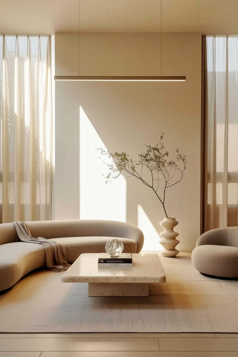 Sleek linear pendant light illuminating an asymmetrical beige sofa, a square marble coffee table, and a wavy floor vase in a modern minimalist luxury sitting room.