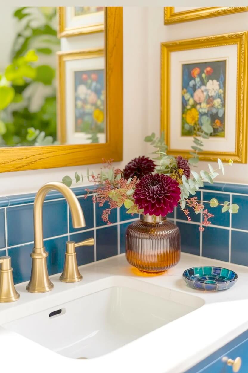 Dark red dahlias and green eucalyptus branches sit in a ribbed amber glass vase next to a gold faucet and blue soap dish for vibrant fall vanity styling.