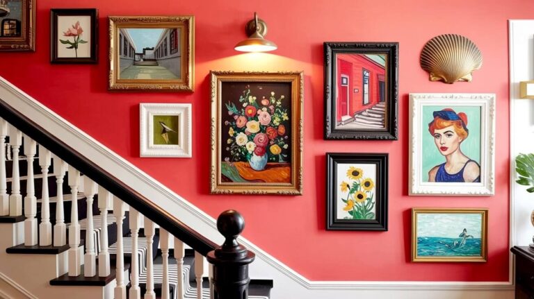 A vibrant coral-painted staircase wall showcasing a mix of oil paintings portraits and landscapes in ornate gold and black frames under a brass wall sconce.