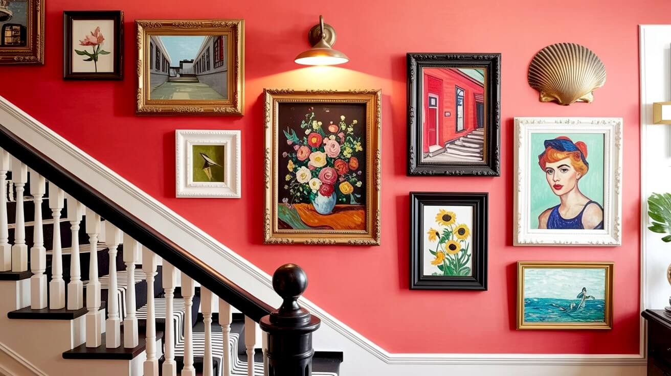A vibrant coral-painted staircase wall showcasing a mix of oil paintings portraits and landscapes in ornate gold and black frames under a brass wall sconce.