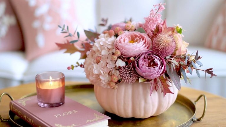 Soft pink pumpkin vase flower arrangement resting on a round brass tray next to a glowing candle and pink book filled with pastel roses and hydrangeas.