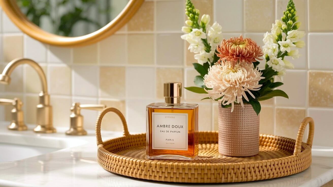 Round woven rattan tray on a marble vanity holding a glass bottle of amber perfume and a pink vase with coral flowers providing simple fall home decor ideas.