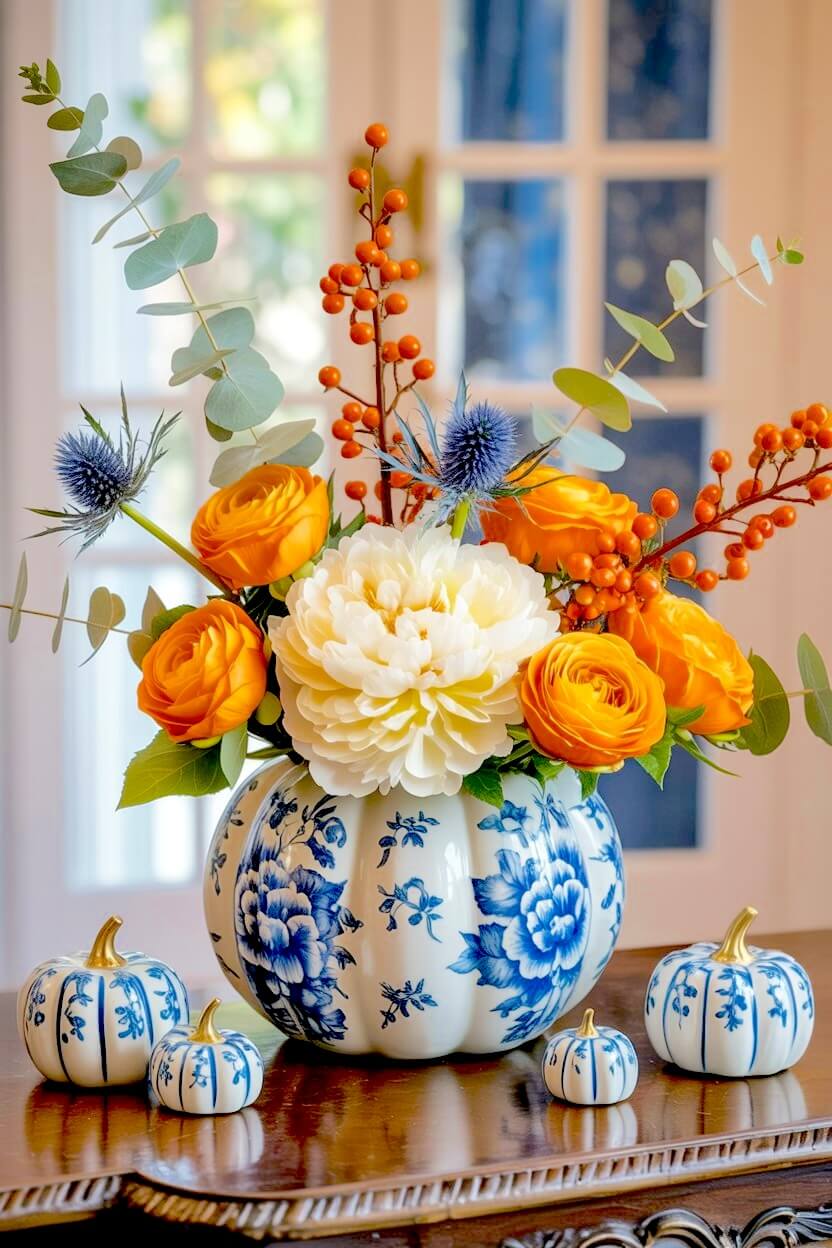 Blue and white chinoiserie pumpkin vase flower arrangement with orange ranunculus, white dahlias, blue thistle, and eucalyptus on a brown wooden console table.