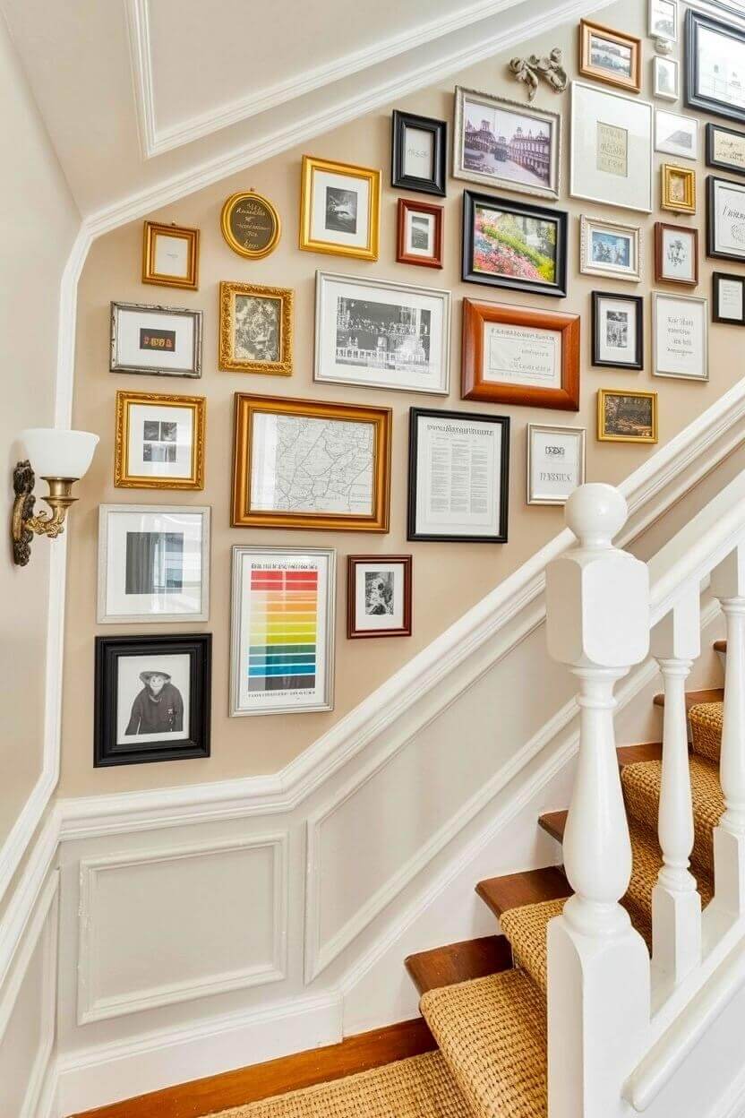 An elegant display of staircase wall decor ideas featuring a curated gallery of vintage maps, portraits, and documents in mixed gold, wood, and black frames on a warm beige wall.