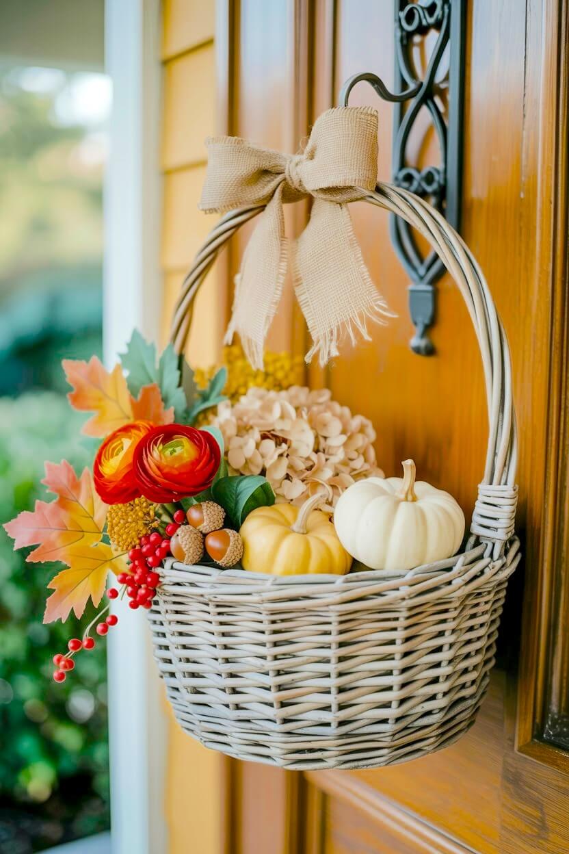 A wicker basket hangs on a wooden door filled with white and yellow pumpkins next to bright orange and red flowers offering fall home decor ideas.