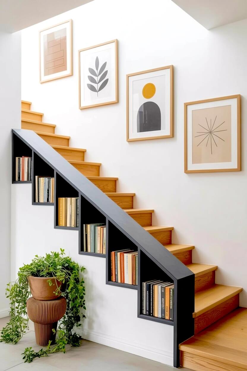 Custom black geometric bookshelves built directly into the side of light oak stairs, displaying books beneath minimalist abstract art for clever stair wall ideas.