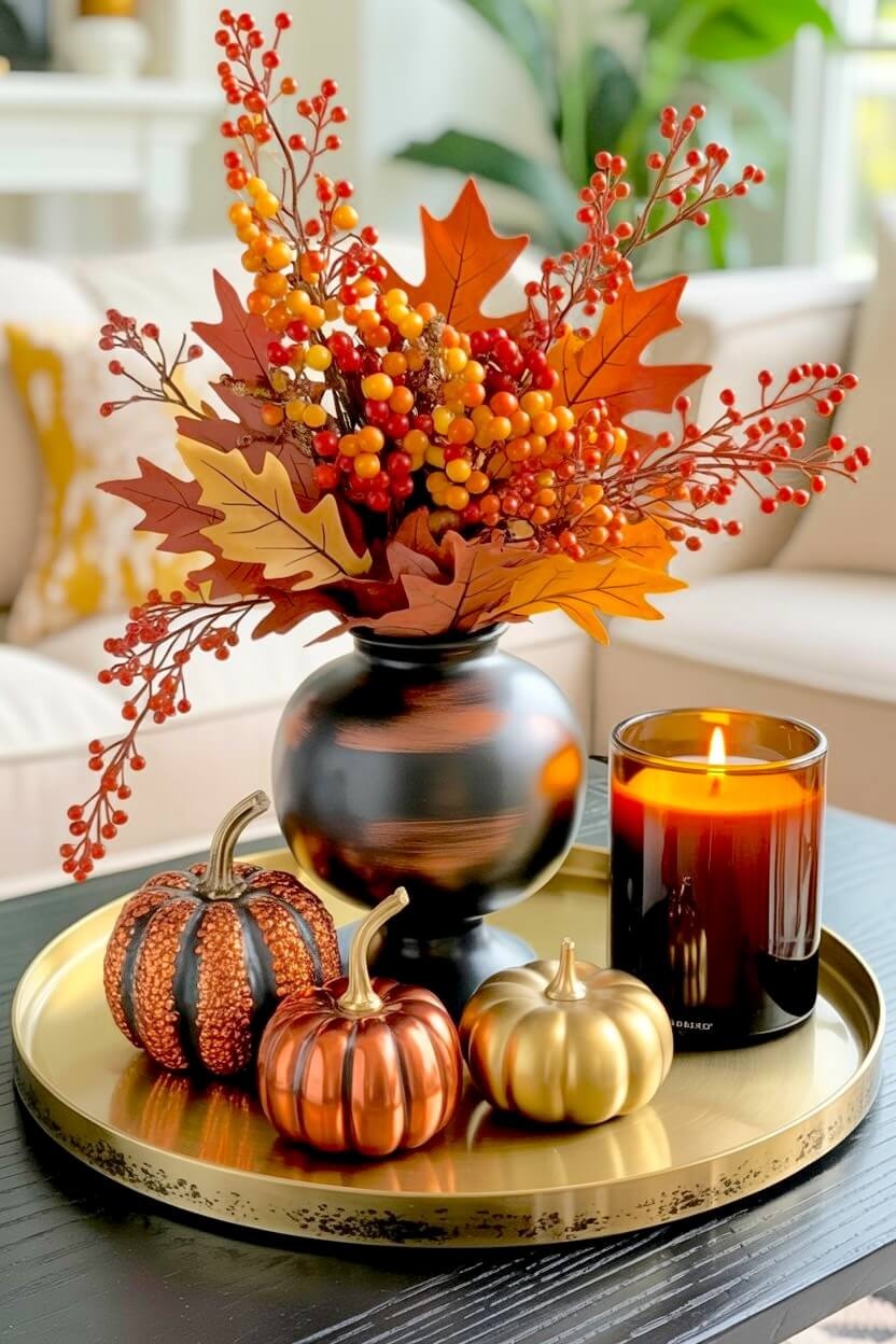 A round gold tray holds small metallic orange pumpkins next to an amber glass candle and a dark vase filled with red and orange berries for fall table styling.