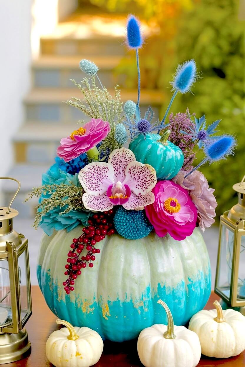 Turquoise and gold ombre colorful painted pumpkin vase centerpiece holding a speckled pink orchid, magenta zinnias, blue bunny tail grass, and red hanging berries.