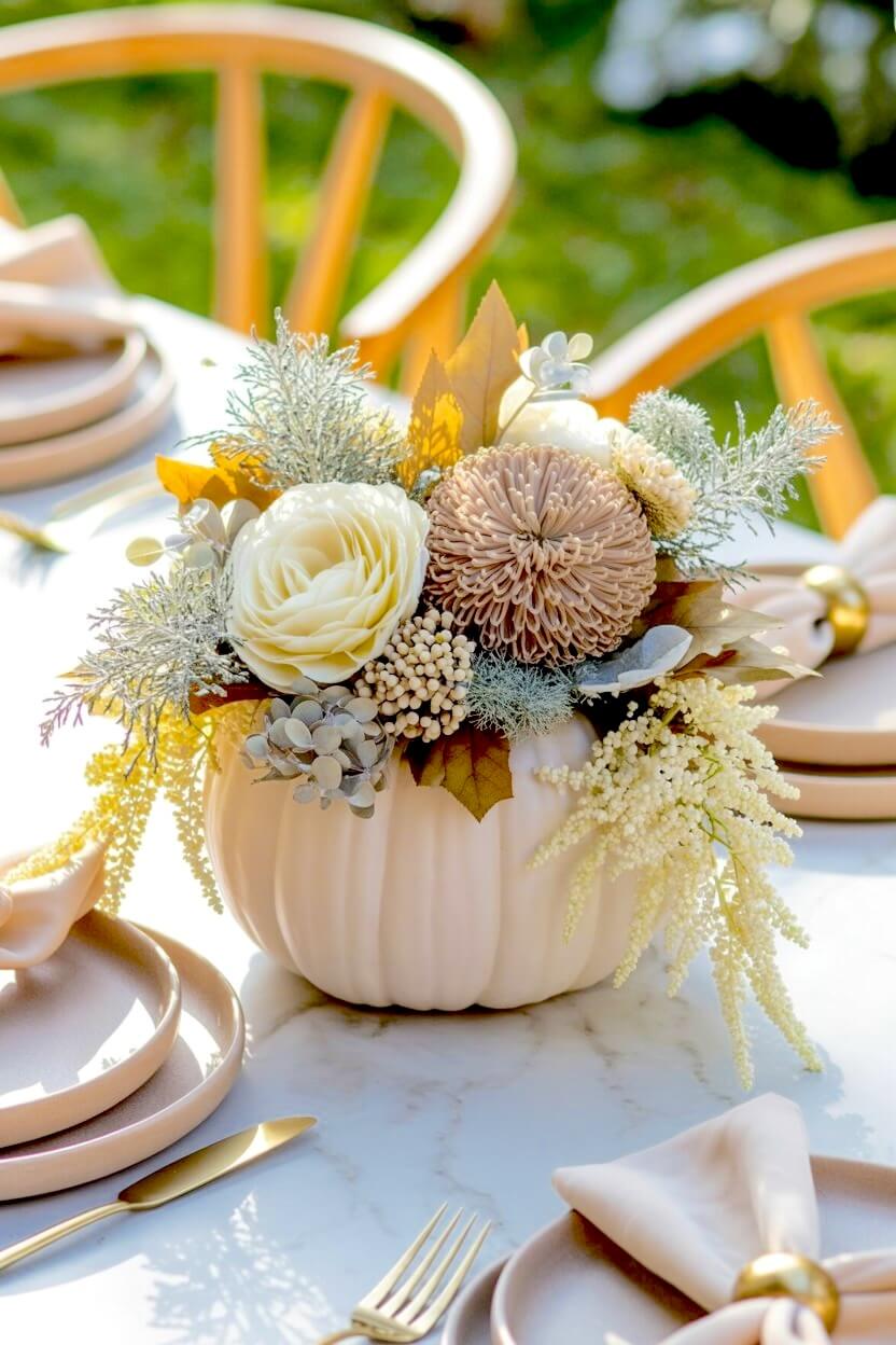 Creamy beige neutral pumpkin floral arrangement featuring a pale tan spider mum, white rose, dusty green eucalyptus leaves, and trailing amaranth on a marble table.