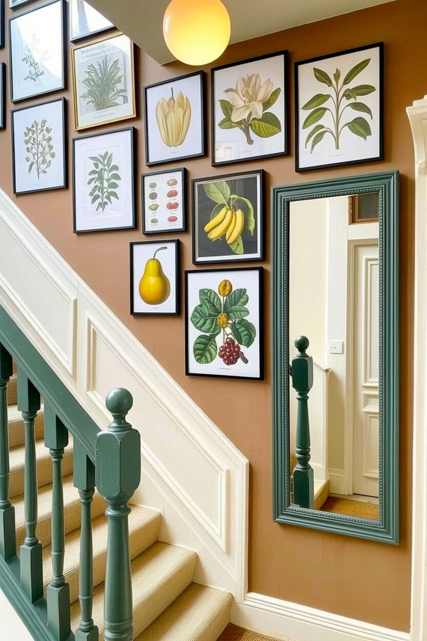 Vintage botanical and fruit illustrations featuring pears and magnolia flowers in black frames arranged on a warm caramel brown-painted stairwell wall decor.