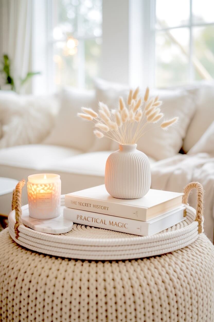 A white ribbed vase holding soft bunny tail grass sits on stacked books inside a rope tray placed on a woven floor pouf bringing cozy fall living room ideas.