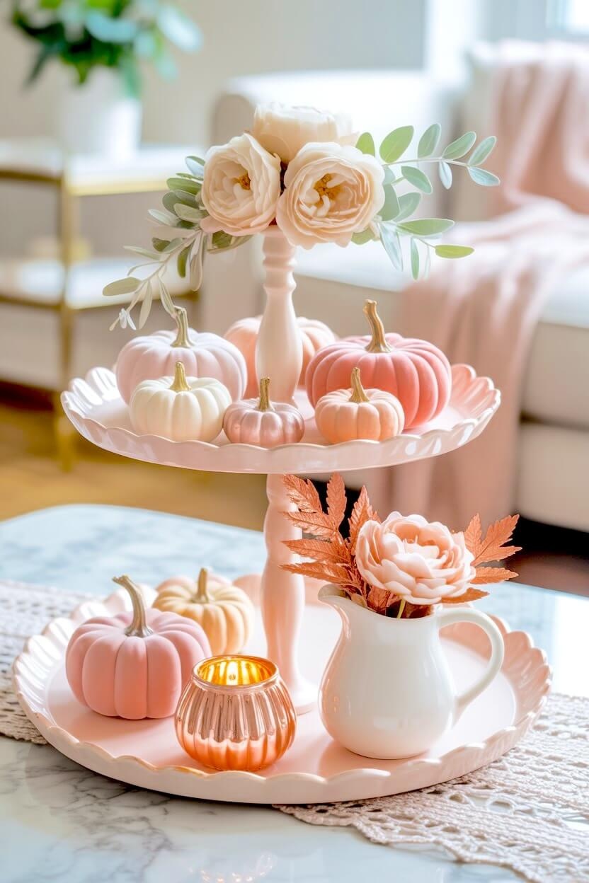 A pale pink two tier ceramic stand on a marble table holds soft pastel pink pumpkins and small glass candle holders creating unique feminine fall home styling.