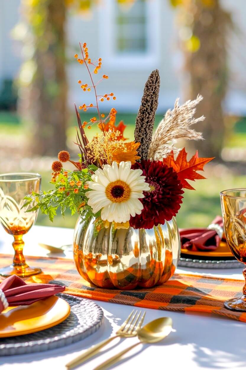 Shiny metallic gold pumpkin flower display holding a white gerbera daisy, dark burgundy dahlia, orange maple leaves, and dried grass on a plaid table runner.