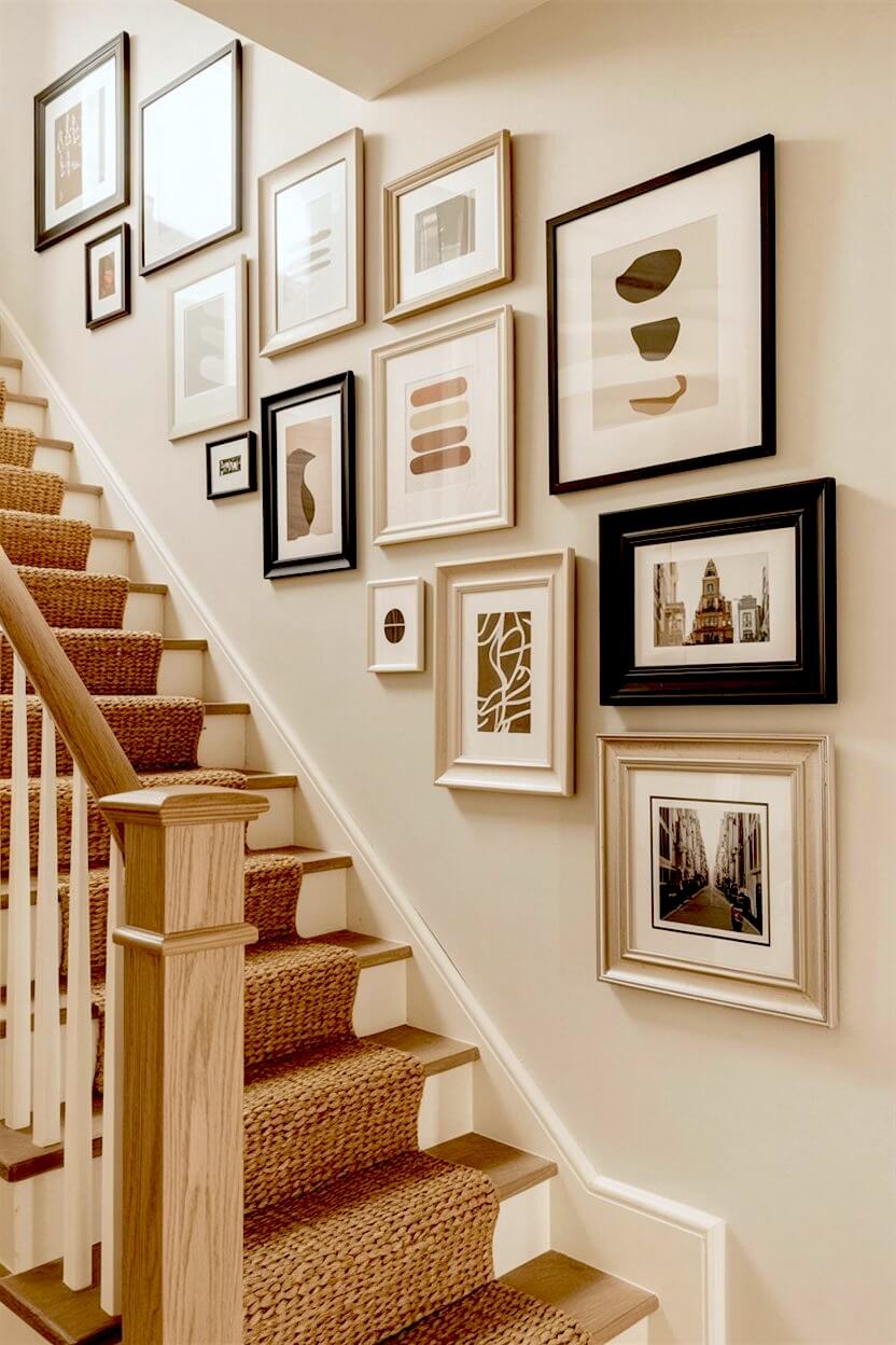 Minimalist abstract shapes and architectural photography framed in varying wood, black, and silver tones, creating a calming staircase gallery wall on cream paint.