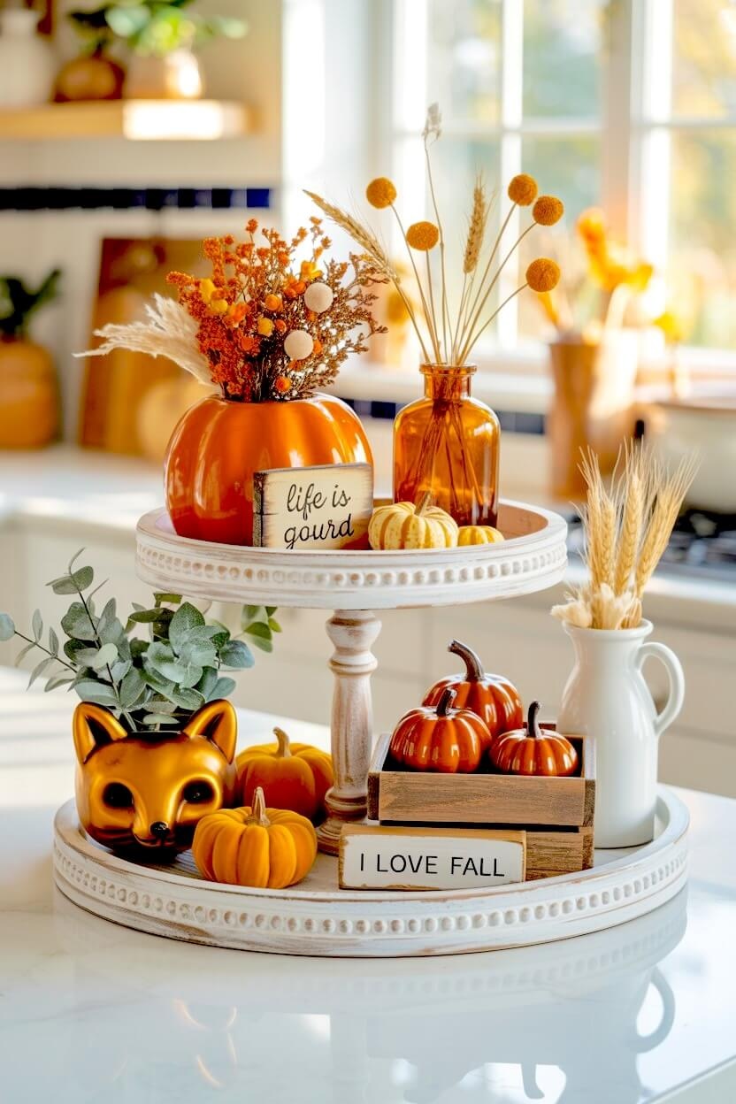 A white wooden tiered stand sits on a kitchen counter holding small orange pumpkins and dried yellow flowers next to a gold fox planter for fun autumn styling.