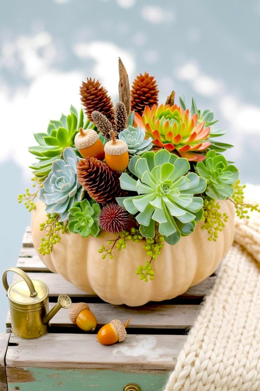 Large pale peach woodland pumpkin succulent arrangement featuring green echeveria rosettes, tall brown pinecones, and decorative acorns on a wooden crate.