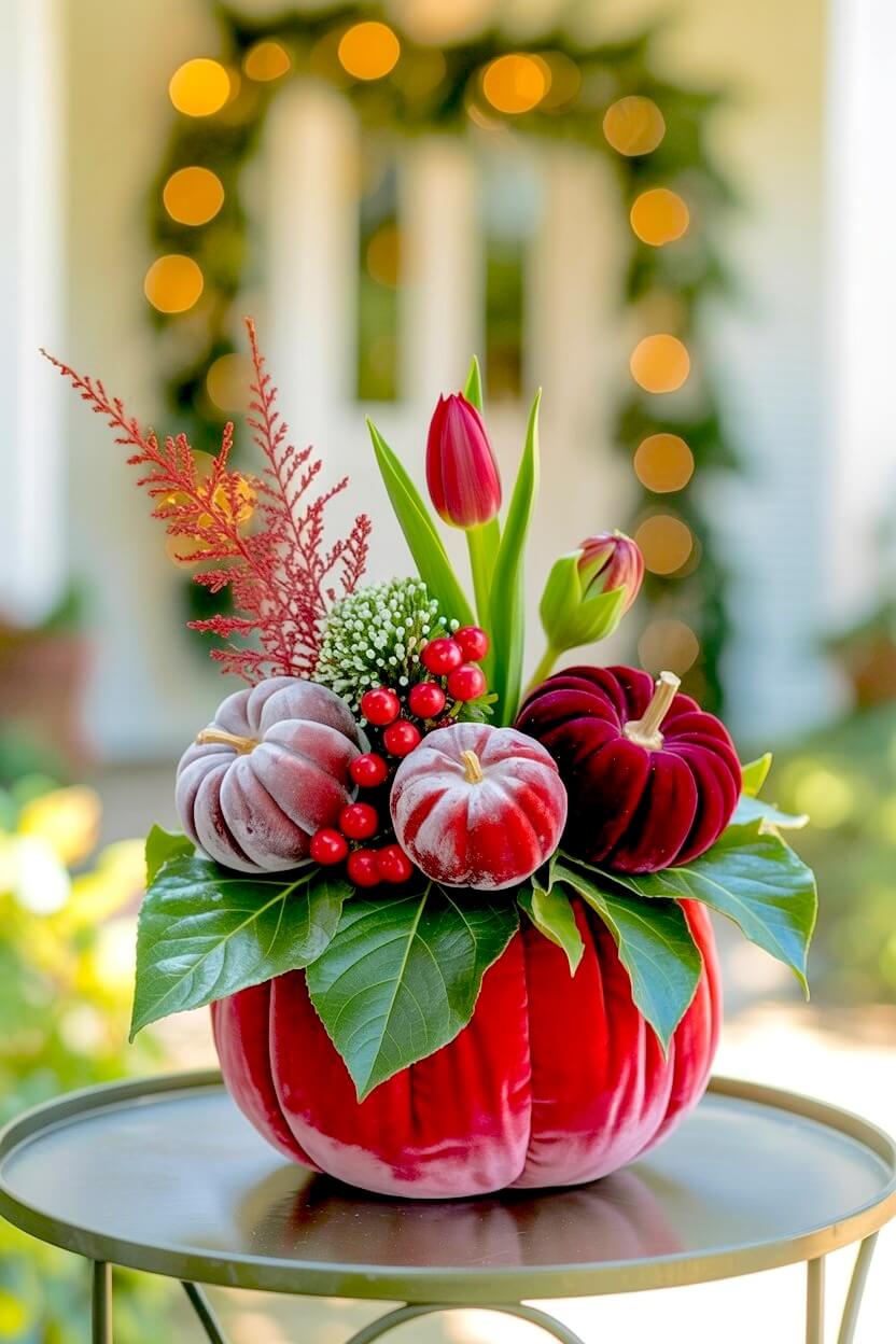 Bright red velvet pumpkin floral display holding fresh red tulips, frosted grey mini velvet pumpkins, red berries, and green leaves on a green outdoor table.
