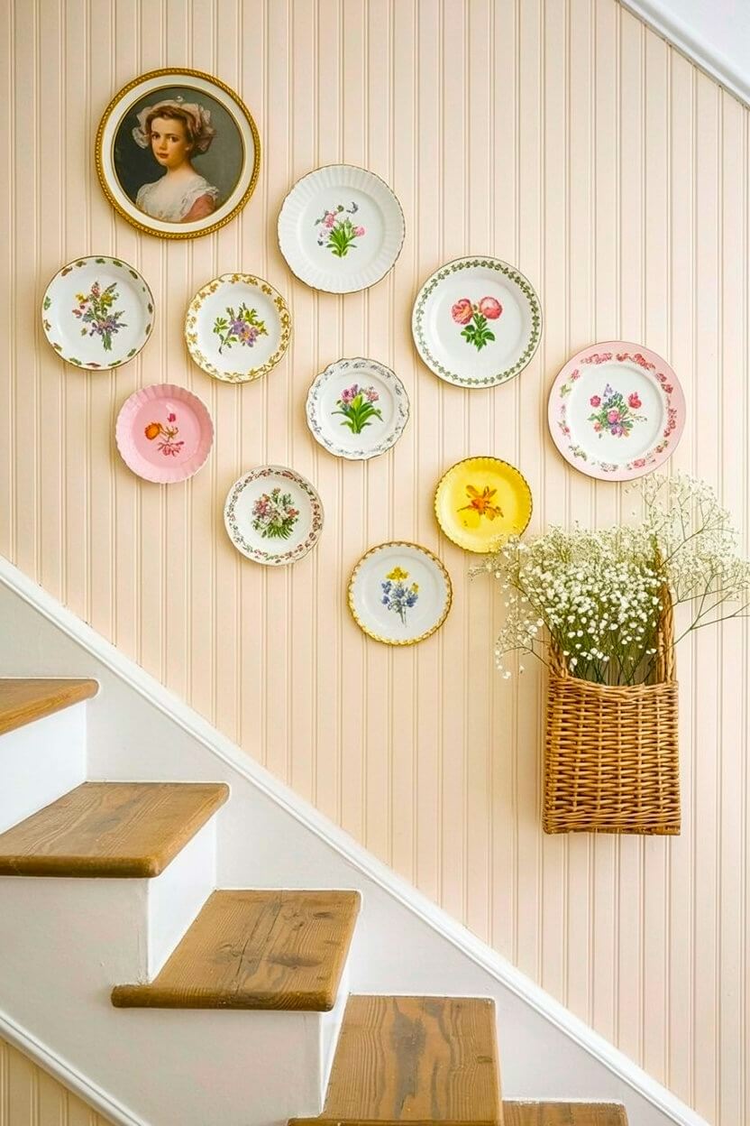 Delicate vintage porcelain plates painted with colorful floral motifs arranged symmetrically on a peach beadboard stair wall decor above a woven hanging basket.