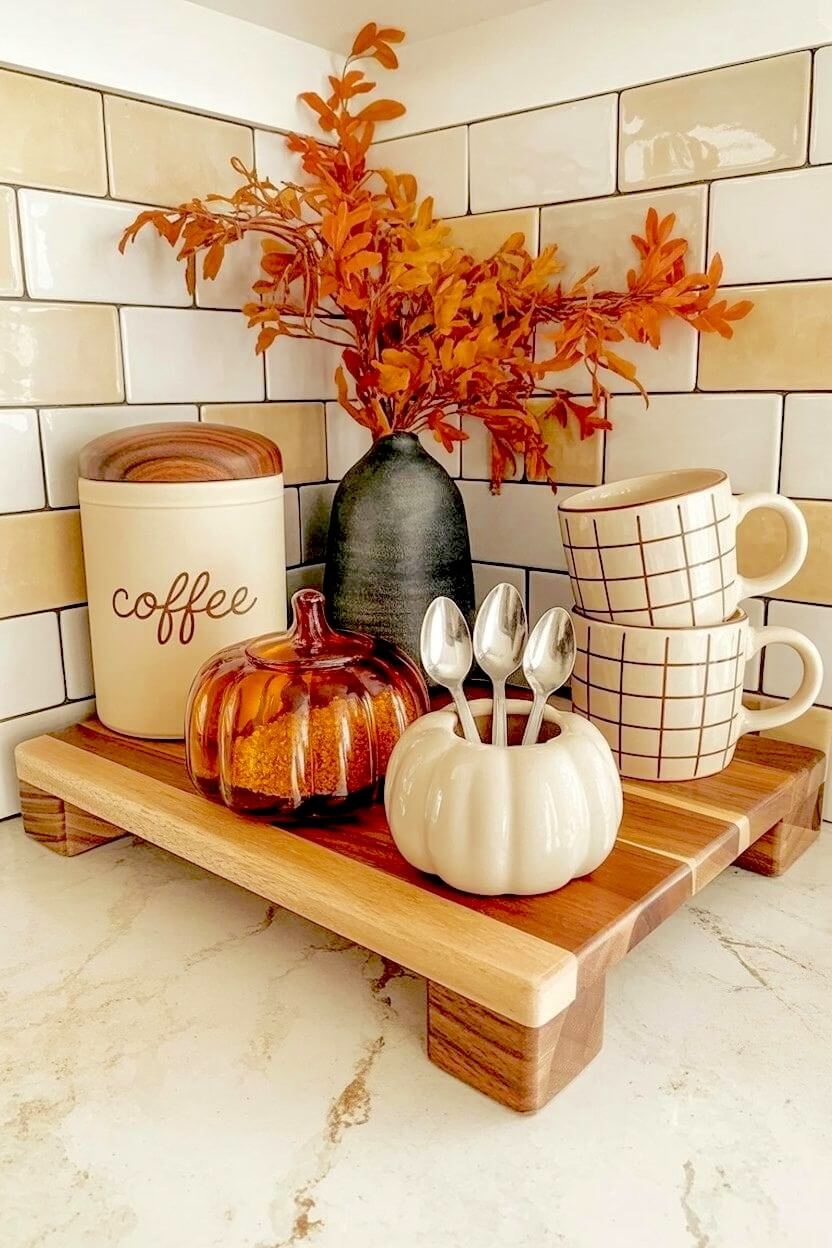 A wooden pedestal tray on a kitchen counter displays a glass pumpkin jar and stacked checkered mugs next to a dark vase with orange leaves for seasonal charm.