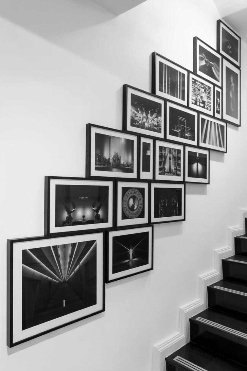 A striking geometric arrangement of black and white conceptual photography in identical thick black frames stepping up a white wall for modern staircase decor.