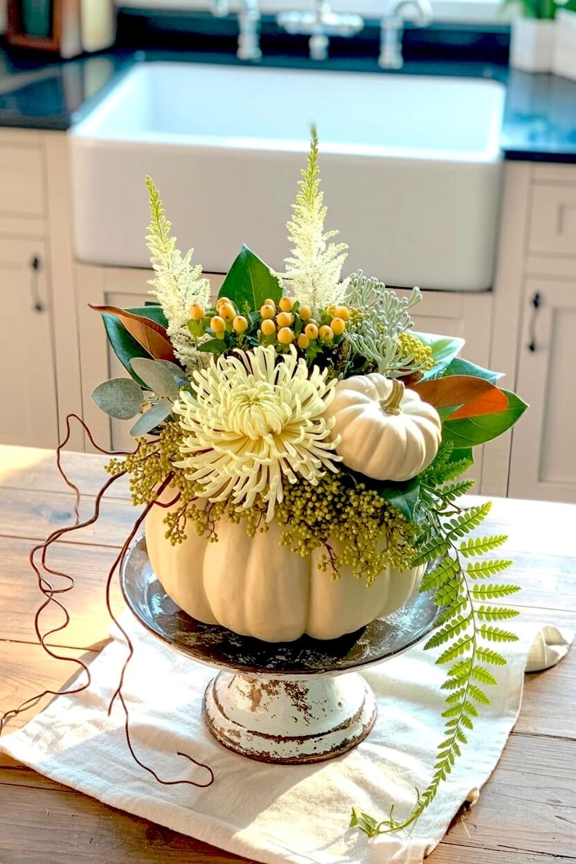 White farmhouse pumpkin flower centerpiece resting on a distressed pedestal stand holding a large pale yellow spider mum, green ferns, and round yellow berries.