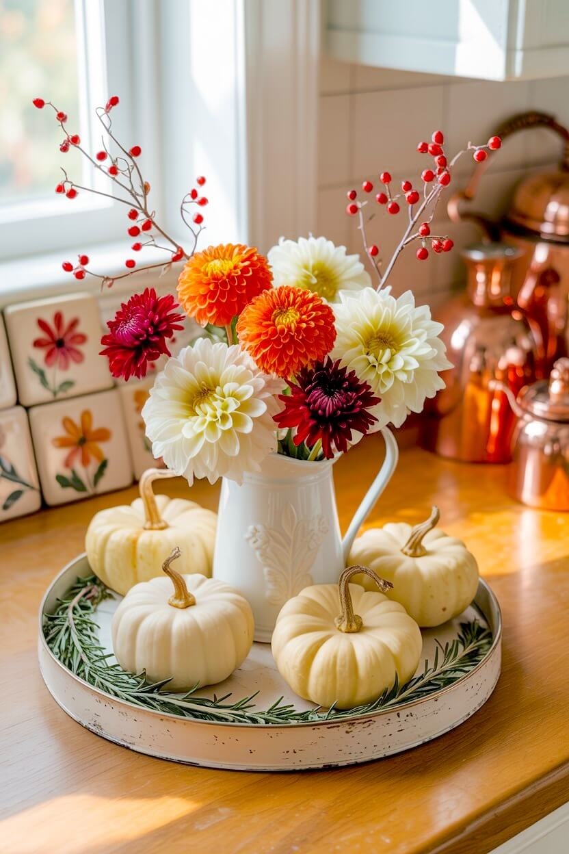 A distressed metal tray holds a white pitcher filled with orange and dark red dahlias surrounded by small pale pumpkins and pine needles for cozy fall design.