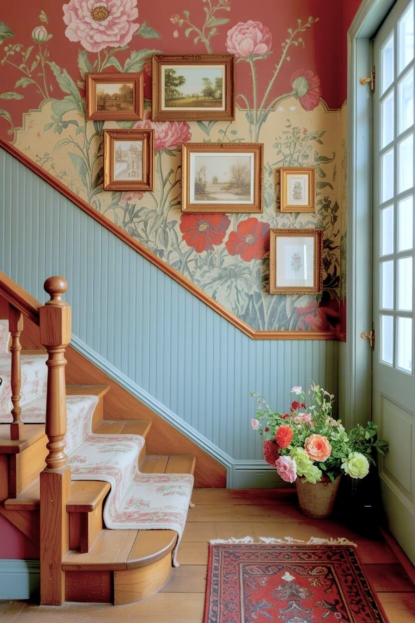 A beautiful wall mural featuring oversized red poppies and pink peonies behind small framed landscape paintings as vintage staircase decor ideas over blue wood paneling.