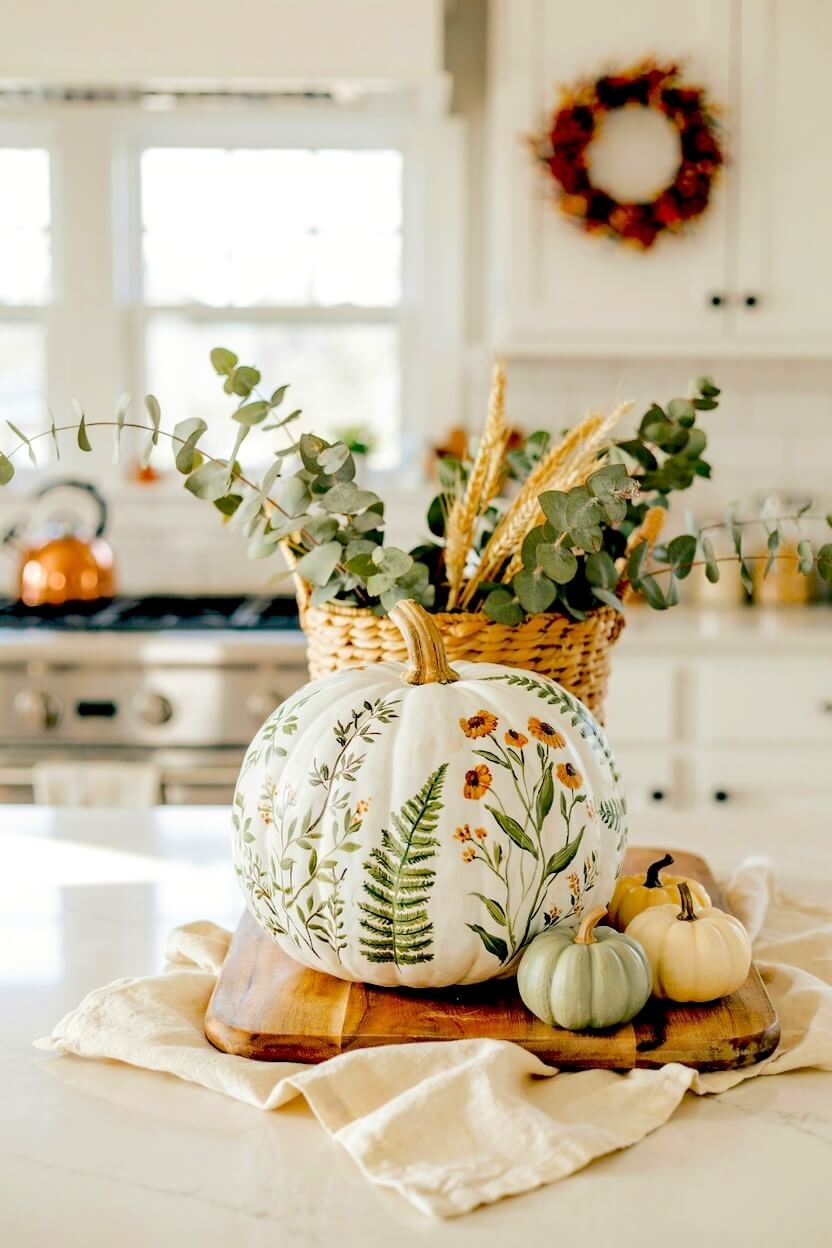 A large white pumpkin painted with green ferns and yellow flowers rests on a wooden cutting board beside a woven basket of eucalyptus for cozy fall interiors.