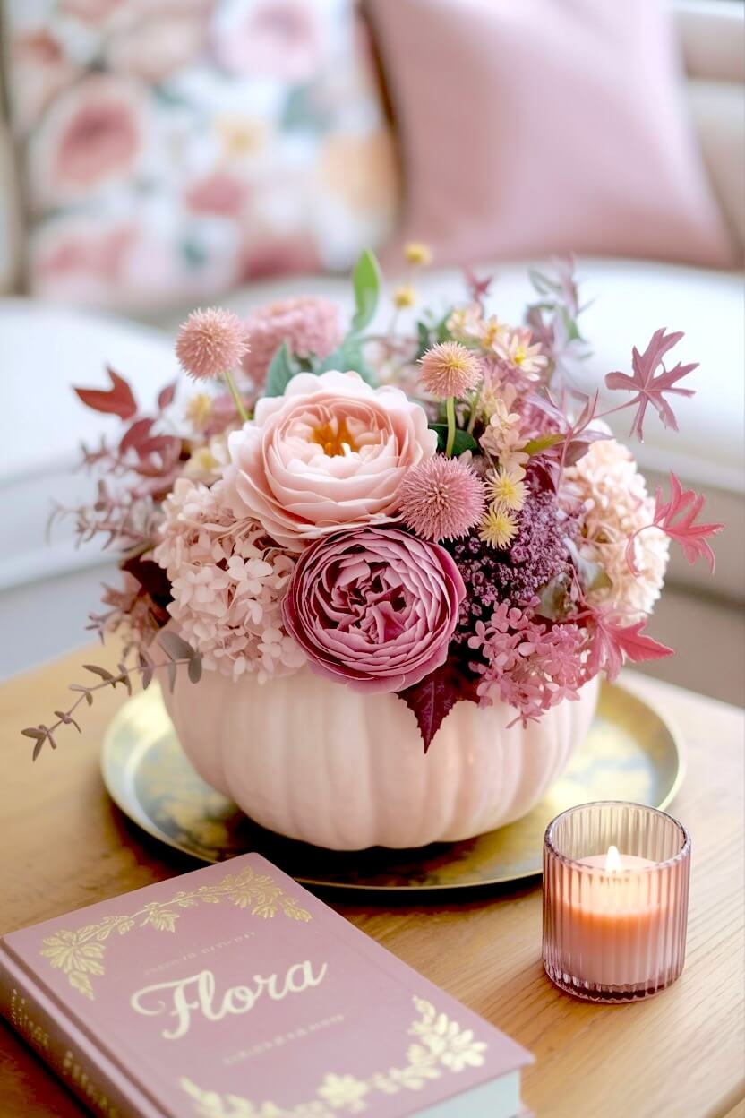 Soft pastel pink romantic pumpkin floral arrangement holding dusty rose cabbage roses, pink hydrangeas, mauve allium spheres, and dark foliage on a wooden table.
