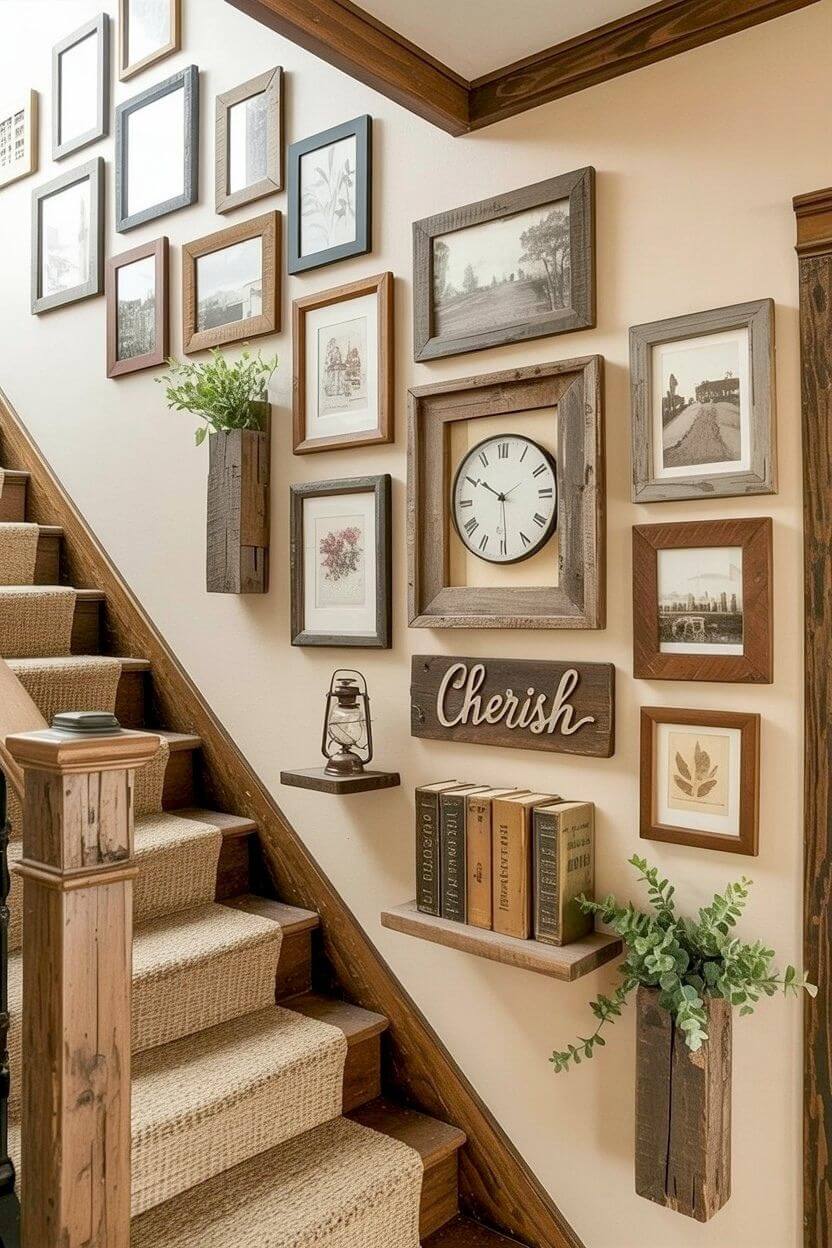 A cozy arrangement of distressed wood frames, a vintage clock, and floating shelves holding old books and greenery, creating charming farmhouse stair wall decor ideas.