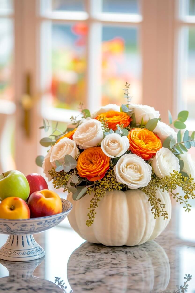 White classic pumpkin vase arrangement featuring bright orange ranunculus, cream roses, and green seeded eucalyptus on a marble kitchen counter next to fresh fruit.