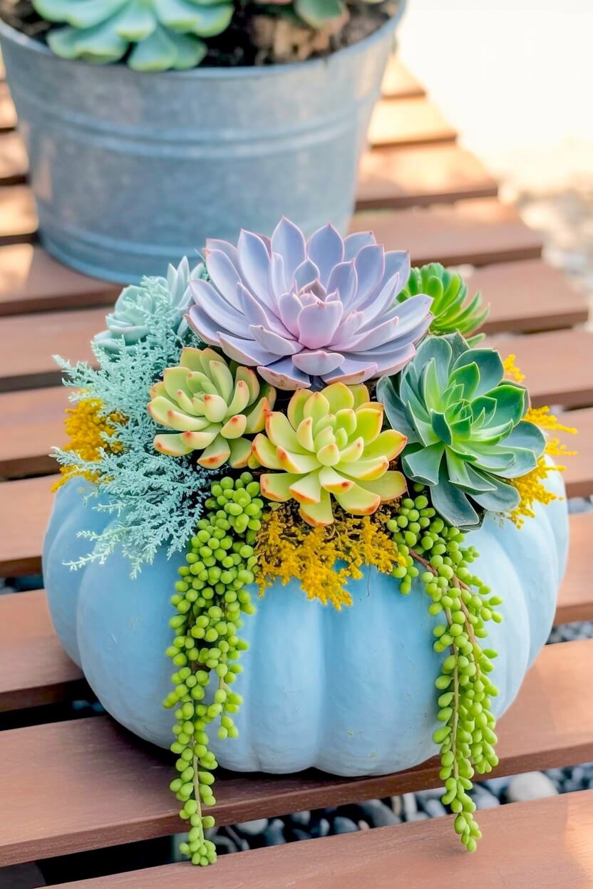 Light blue pastel pumpkin succulent display holding a large lavender echeveria, green succulents, yellow filler flowers, and trailing string of pearls plant.