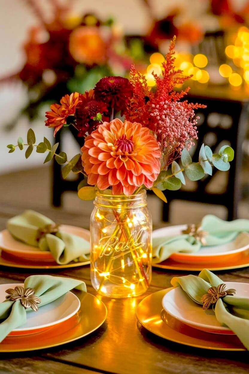 A clear glass mason jar filled with glowing string lights holds a large coral dahlia and dark red mums sitting on a wooden dining table for autumn gatherings.
