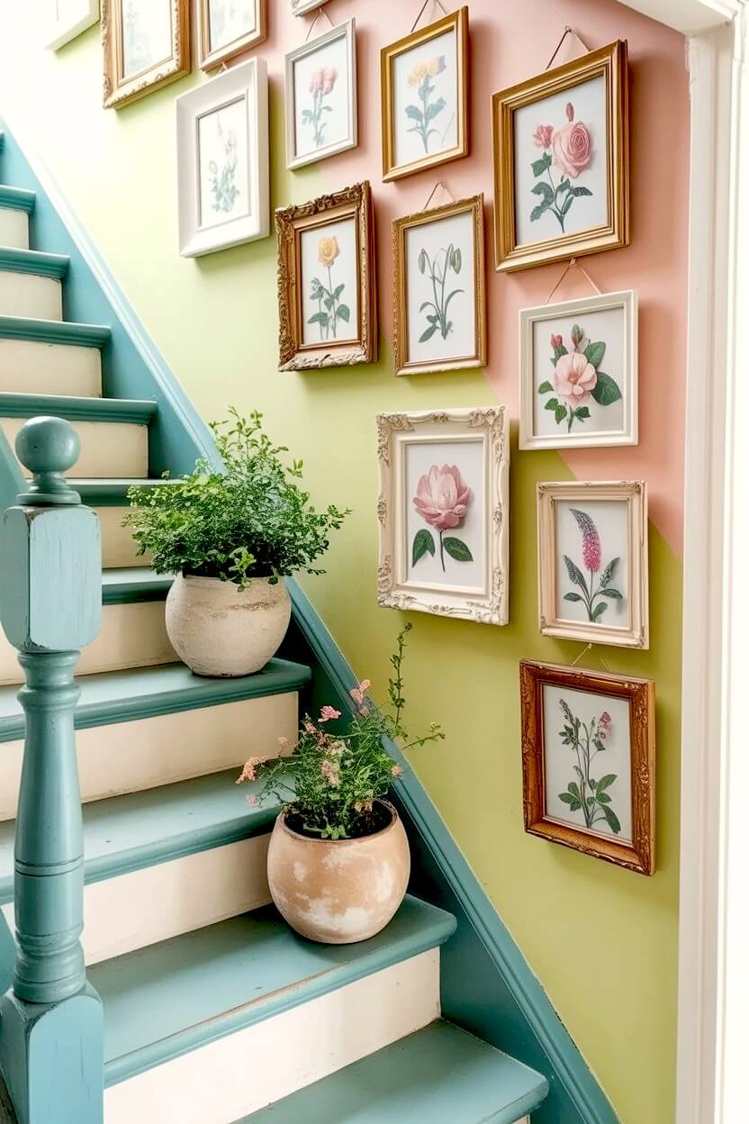 A diagonally color-blocked wall in pastel green and pink providing a vibrant backdrop for floral prints in gold frames as staircase decor inspiration.