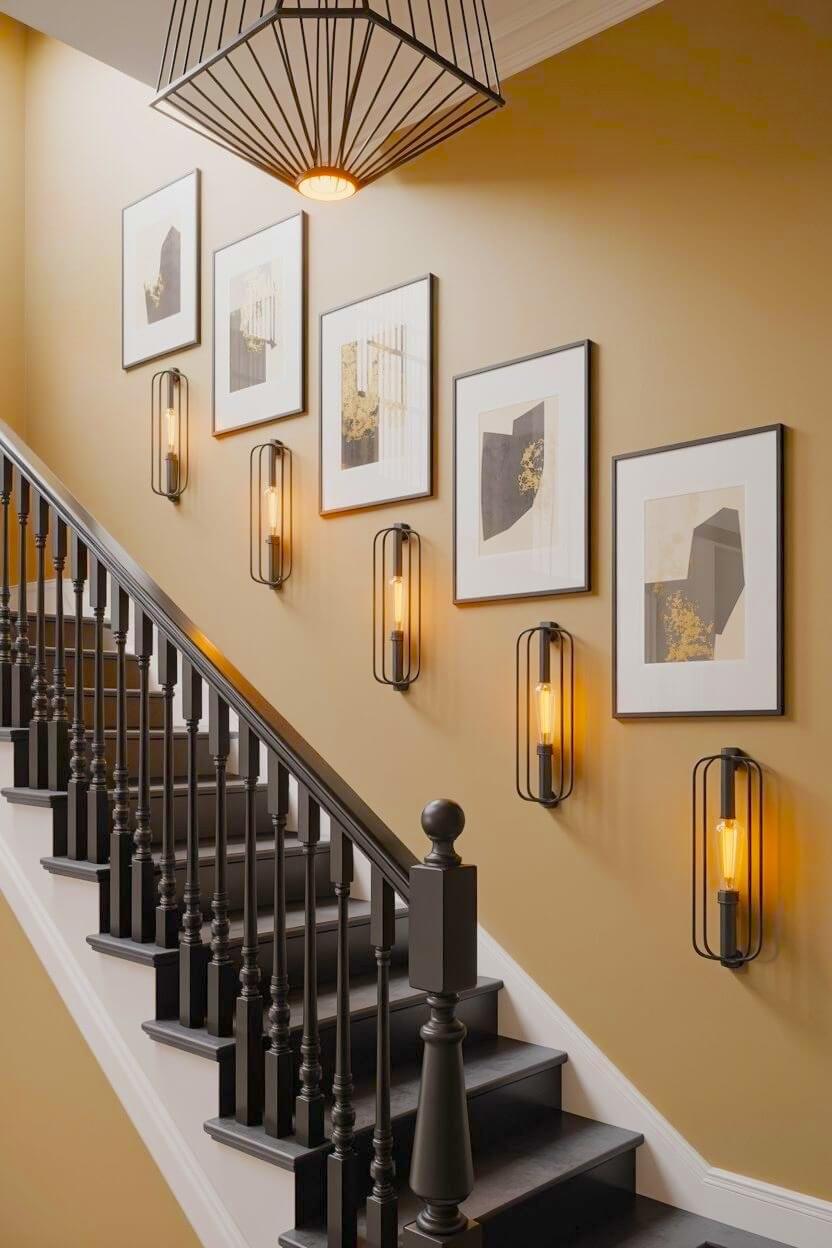 Four tall industrial black wire wall sconces emitting warm light alternating with abstract art prints on a mustard yellow wall as cozy staircase wall lighting.