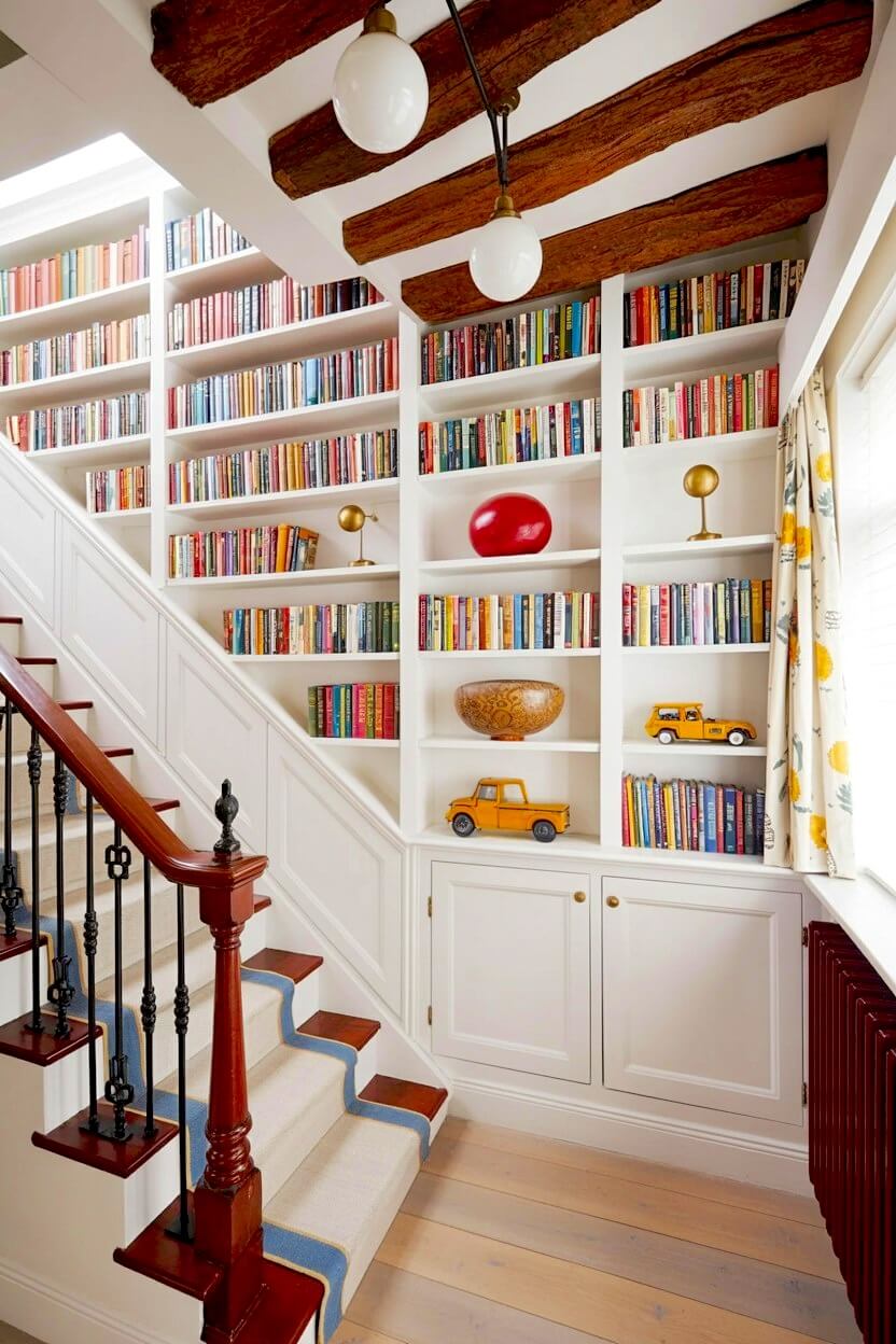 Floor-to-ceiling white built-in bookshelves filled with colorful books winding up a white wooden staircase, providing wall decor inspiration with red steps and a blue runner.