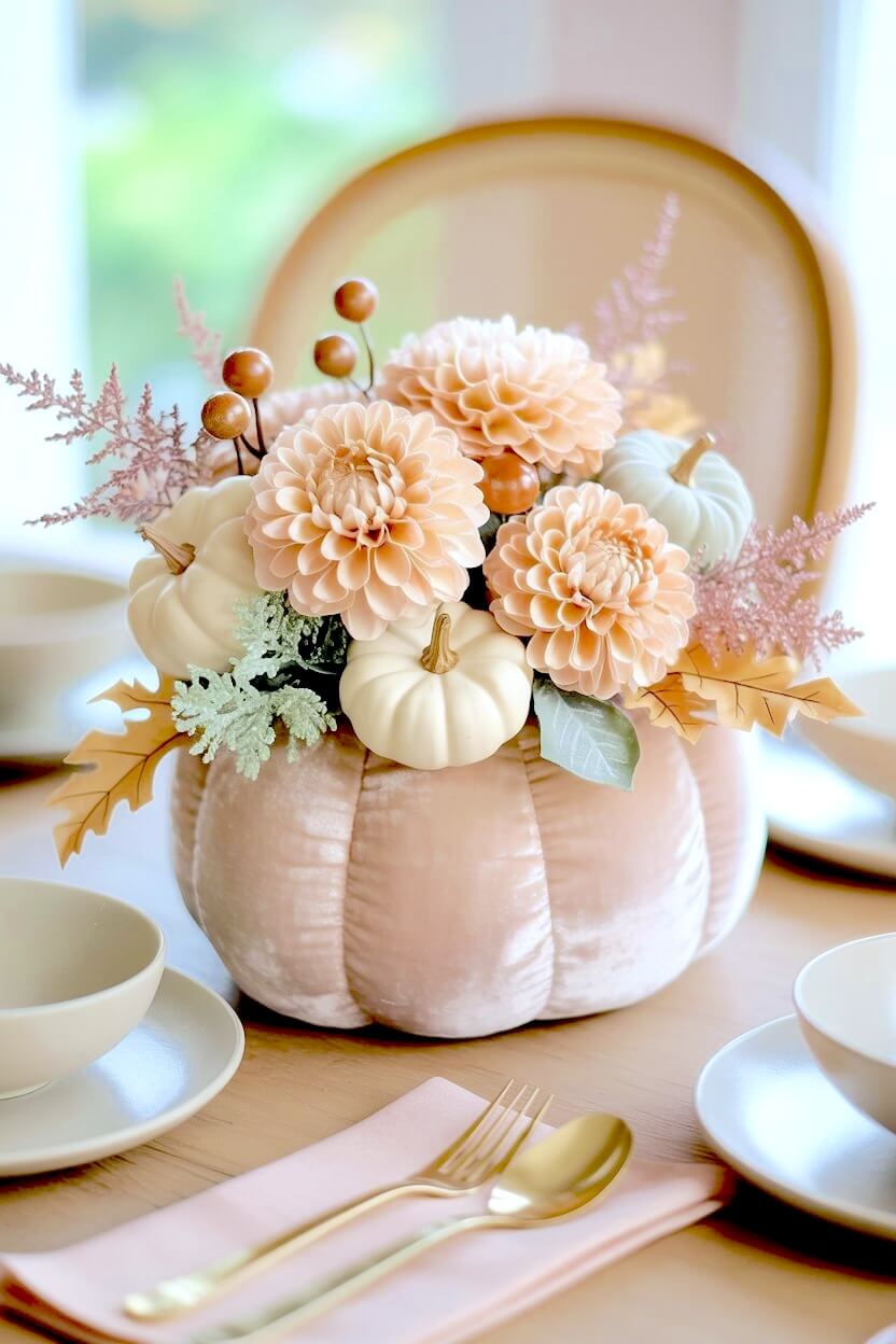 Pink velvet fall pumpkin vase centerpiece holding peach dahlias, white mini gourds, dried ferns, and brown berries on a modern wooden dining room table place setting.