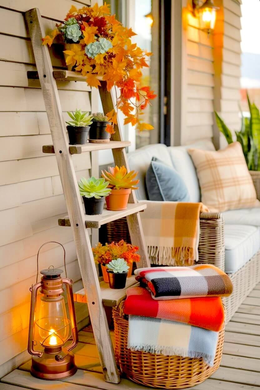 A wooden ladder shelf stands on a porch displaying green succulents and bright orange leaves next to folded plaid blankets for autumn porch styling inspiration.