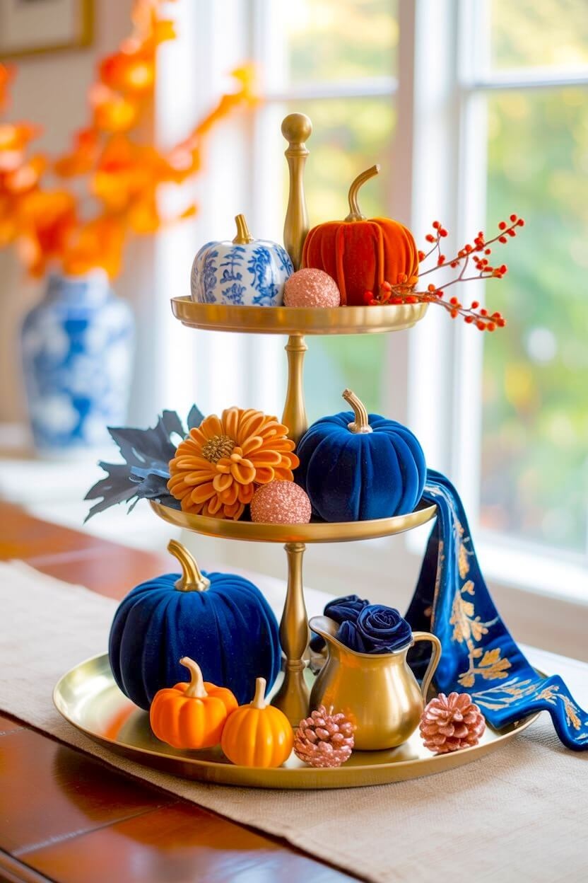 A three tier brass stand holds vibrant blue and orange velvet pumpkins mixed with pink pinecones and an orange floral bloom offering bold autumn table styling.