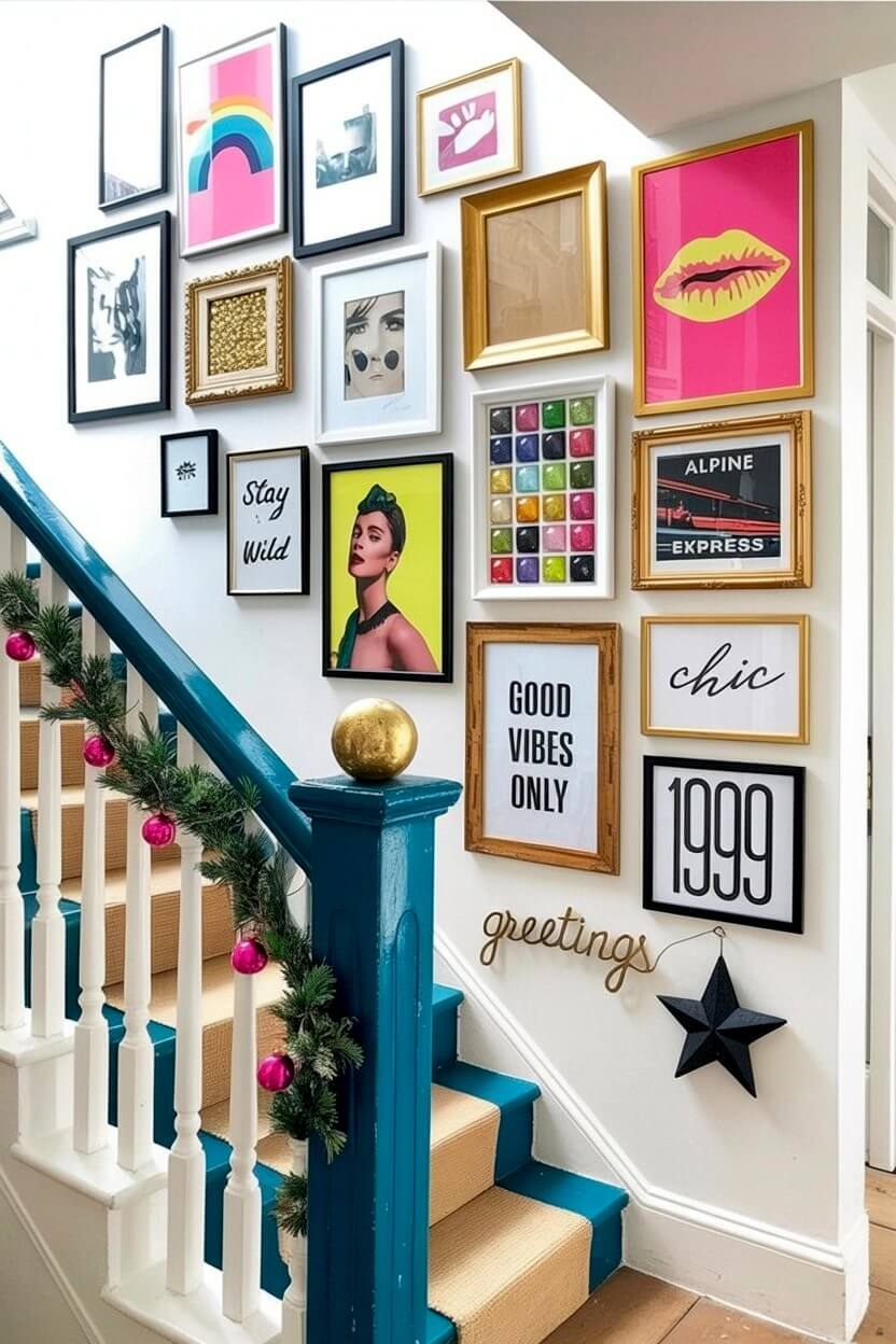  brightly colored eclectic gallery featuring neon pink typography, a black star, and bold pop art portraits on a white wall for vibrant eclectic staircase decor.