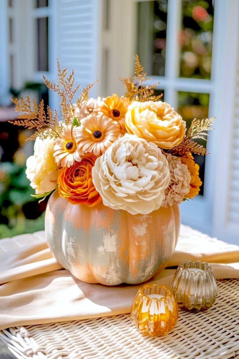 Peach and grey distressed pumpkin floral arrangement holding large white peonies, yellow gerbera daisies, orange ranunculus, and metallic gold painted ferns.