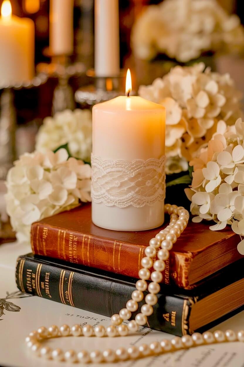 A thick white pillar candle wrapped in white lace sits on top of stacked vintage books surrounded by a pearl necklace and white hydrangeas for cozy fall vibes.