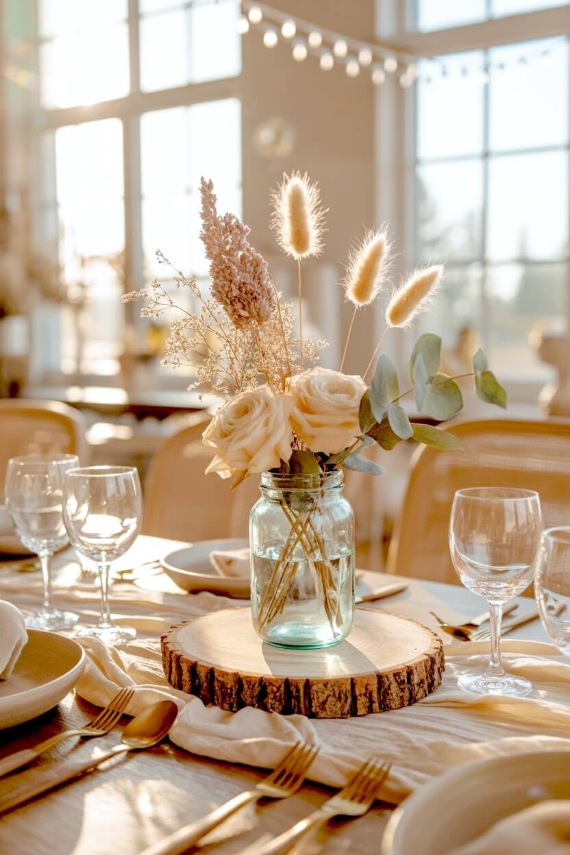 A small glass jar holding pale peach roses and dried bunny tail grass rests on a raw wood slice centerpiece over a neutral table runner for fall dining ideas.